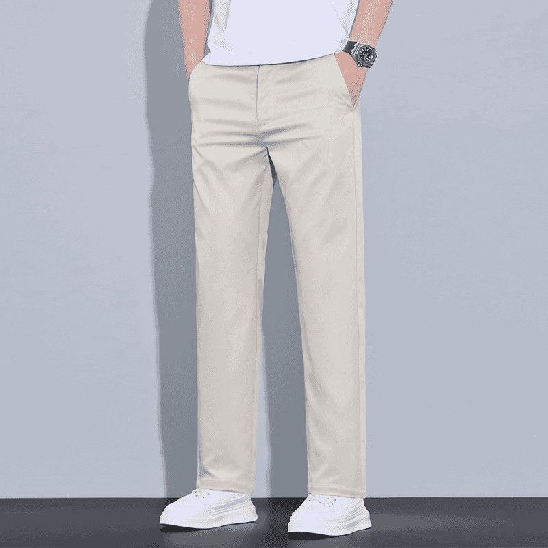 Chino Pants Men - メンズミッドウエストサイドポケット付きしわになりにくいストレートレッグフルレングスカジュアルチノパンツ