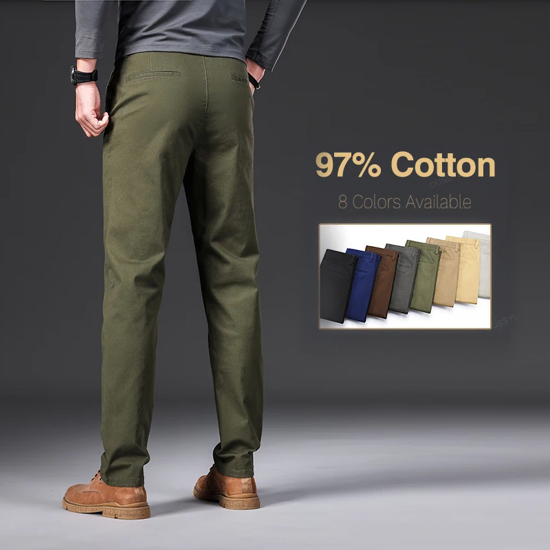 Chino Pants Men - 良質97％コットンメンズカジュアルパンツ伸縮性ハイウエストストレートビジネスチノパンツ男性用カーキグレー春夏