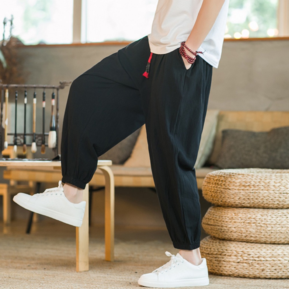 Chino Pants Men - メンズ綿とリネンハーレムパンツカジュアルルーズオーバーサイズビーチパンツ中国風ワイドレッグパンツジョガー男性夏