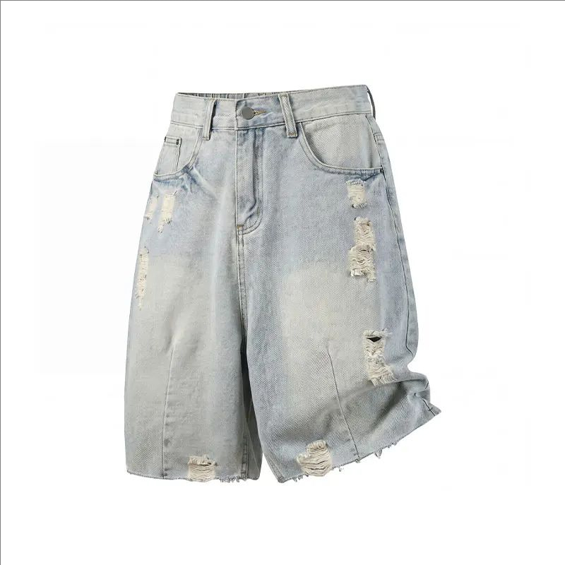 Jeans Pants Fashion Men - 夏のメンズカジュアルジーンズショートパンツルーズミッドハイウエストファッション膝丈リップドデニムショートパンツヴィンテージ男性新しい韓国