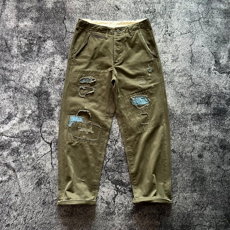 Chino Pants Men - アメカジメンズルーズストレートカジュアルパンツ、日本ヴィンテージヘビーウェイト、使い古したパッチツイル、綿100% 、秋のCityBoysパンツ