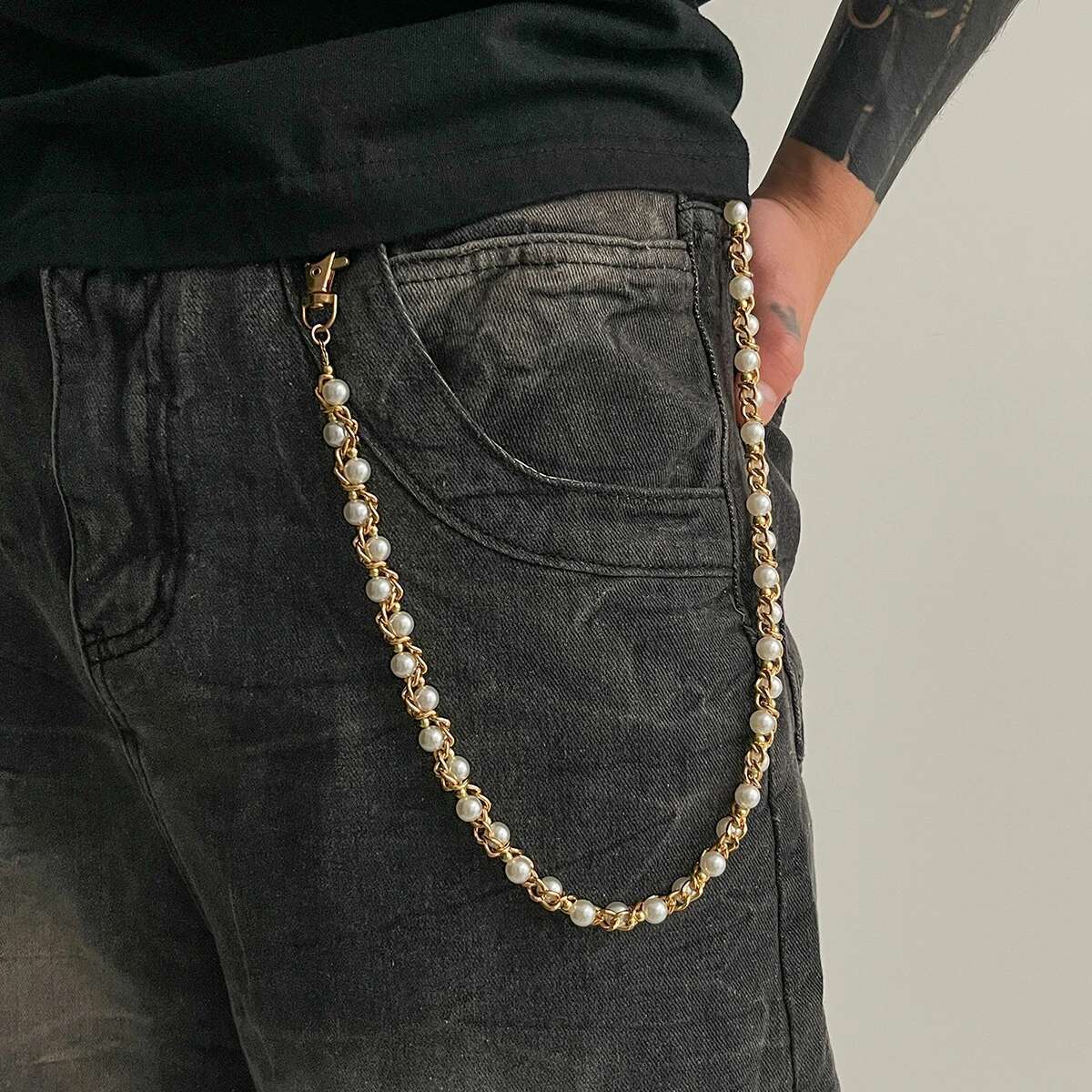 Jeans Pants Fashion Men - インゲマーク パンク風 模造パール パンツ ヒップスター パンツ