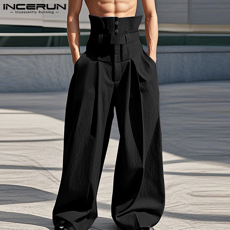 Chino Pants Men - インセルン-メンズハイウエストロングパンツ,カジュアル,ソリッド,ワイドレッグ,スタイリッシュ,デコンストラクション,アメリカンスタイル,2022