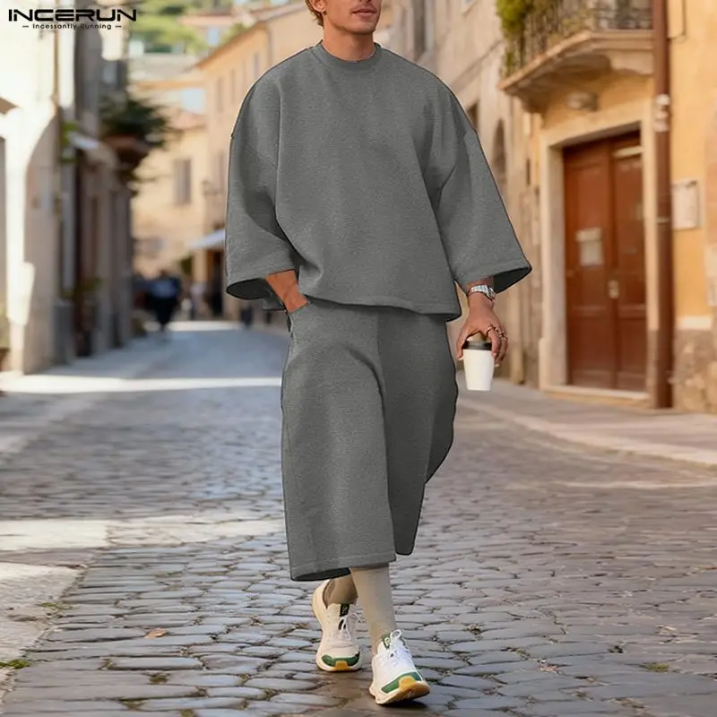 Men'S Fashion Pants - INCERUN メンズセット ソリッドカラー バギー 3/4 スリーブ