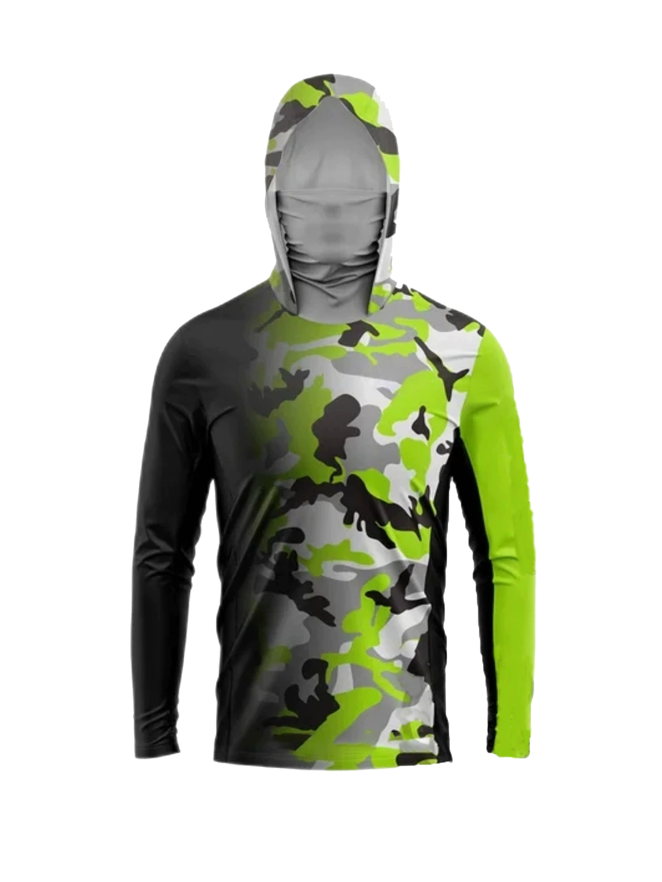 Men'S Fashion Trends 2025 - アウトドアフィッシャーマンフード付き長袖Tシャツ、グラデーションネオンカモフラージュUVカットシャツ（ネックゲイター一体型）