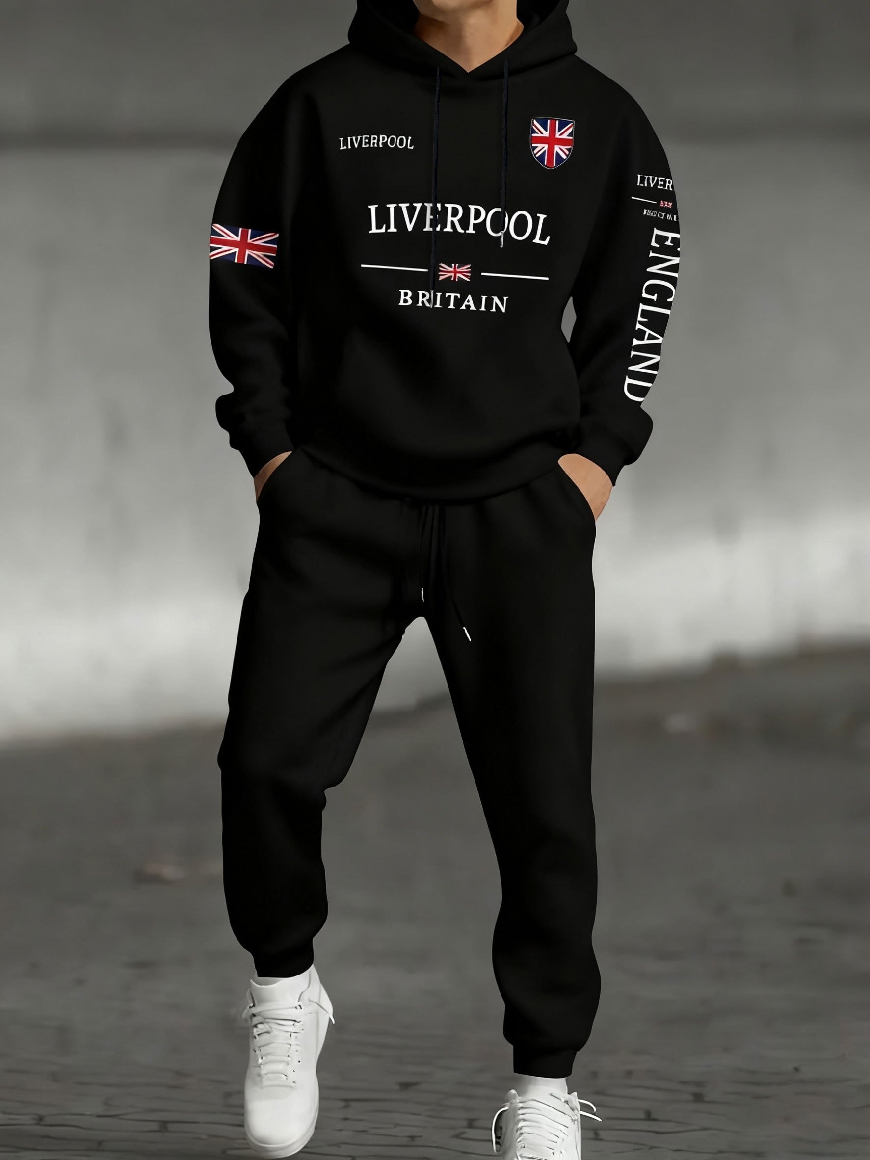 Mens Fashion Trend 2026 - 2026年秋冬 ブリティッシュフラッグプリント トレンド メンズ＆レディース フード付きスウェットシャツセット カジュアルファッション