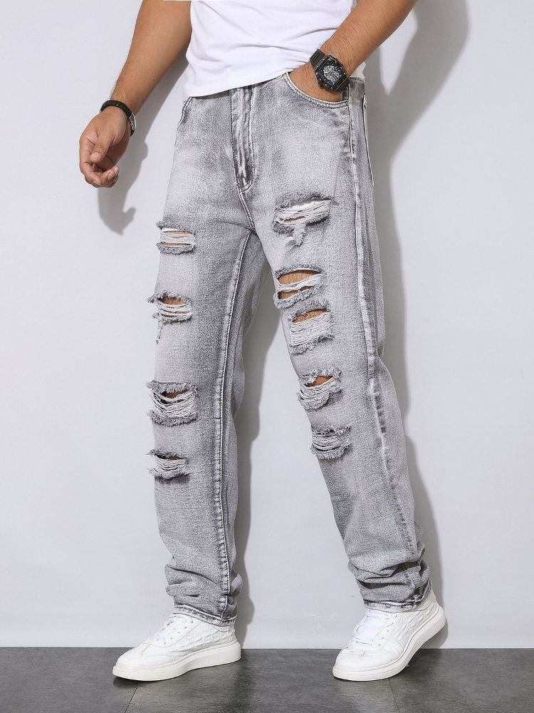 Men'S Fashion Grey Jeans - メンズ秋冬ダメージ加工グレーデニムパンツアメリカンストリートファッションドーパミン美的耐摩耗性カジュアルジーンズ