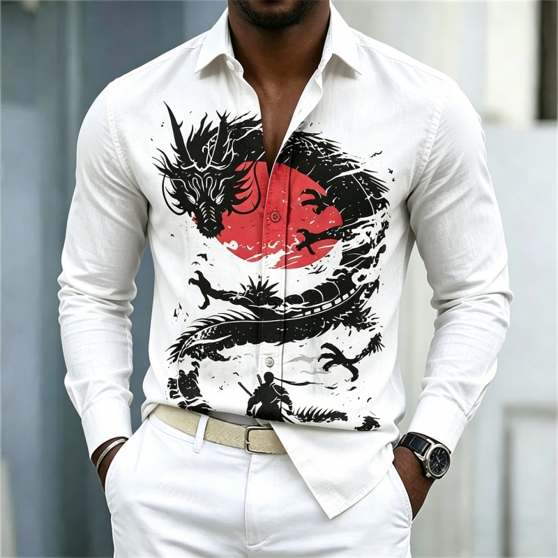 Men'S Fashion Advice - 2026年新作 メンズシャツ 白黒赤のコントラスト ドラゴン柄シャツ ストリートスタイル ファッション