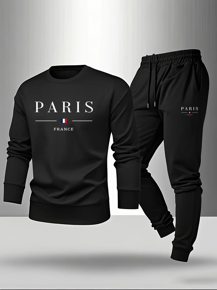 Paris Men'S Fashion - パリプリントメンズセットプルオーバー＆スウェットパンツ秋カジュアル暖かい服装男性ファッションOネックフーディスーツシングルスウェットシャツまたはパンツ