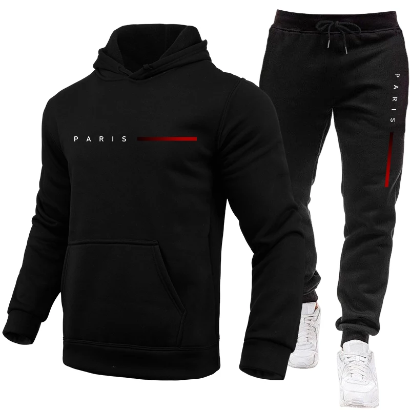 Paris Men'S Fashion - フード付きスウェットシャツとスウェットパンツのアウトドアスポーツジョガースーツ メンズセット/フーディー/パンツ 秋冬 パリ カジュアル ファッション