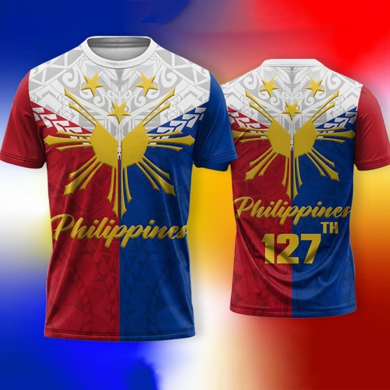 Men'S Fashion Philippines - 3D プリントフィリピン独立記念日 Tシャツ男性用愛国柄 Tシャツ夏のファッションラウンドネック半袖 Tシャツ