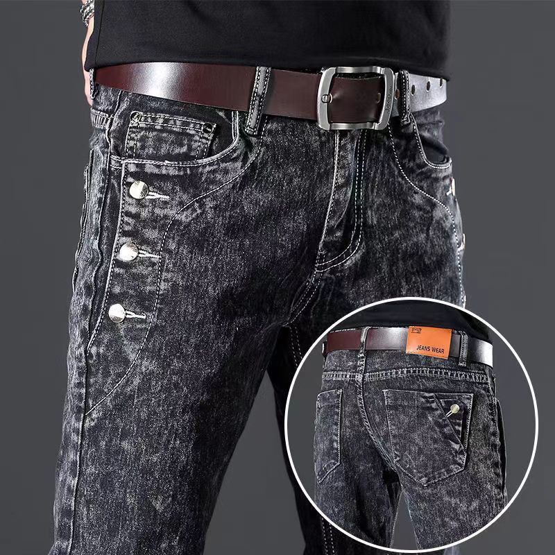 Men'S Fashion Grey Jeans - メンズクラシックスリムヴィンテージデザイナージーンズ、スノーフレークグリーウォッシュ、韓国ファッション、ストレッチパンツ、マルチボタンデニムパンツ、ファッション