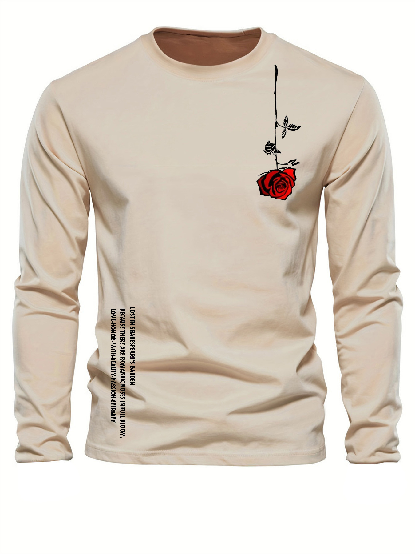 Men'S Fashion Trends 2025 - 100% 純綿メンズ長袖ラウンドネックルーズカジュアルローズレタープリント春と秋の万能 T シャツトップ