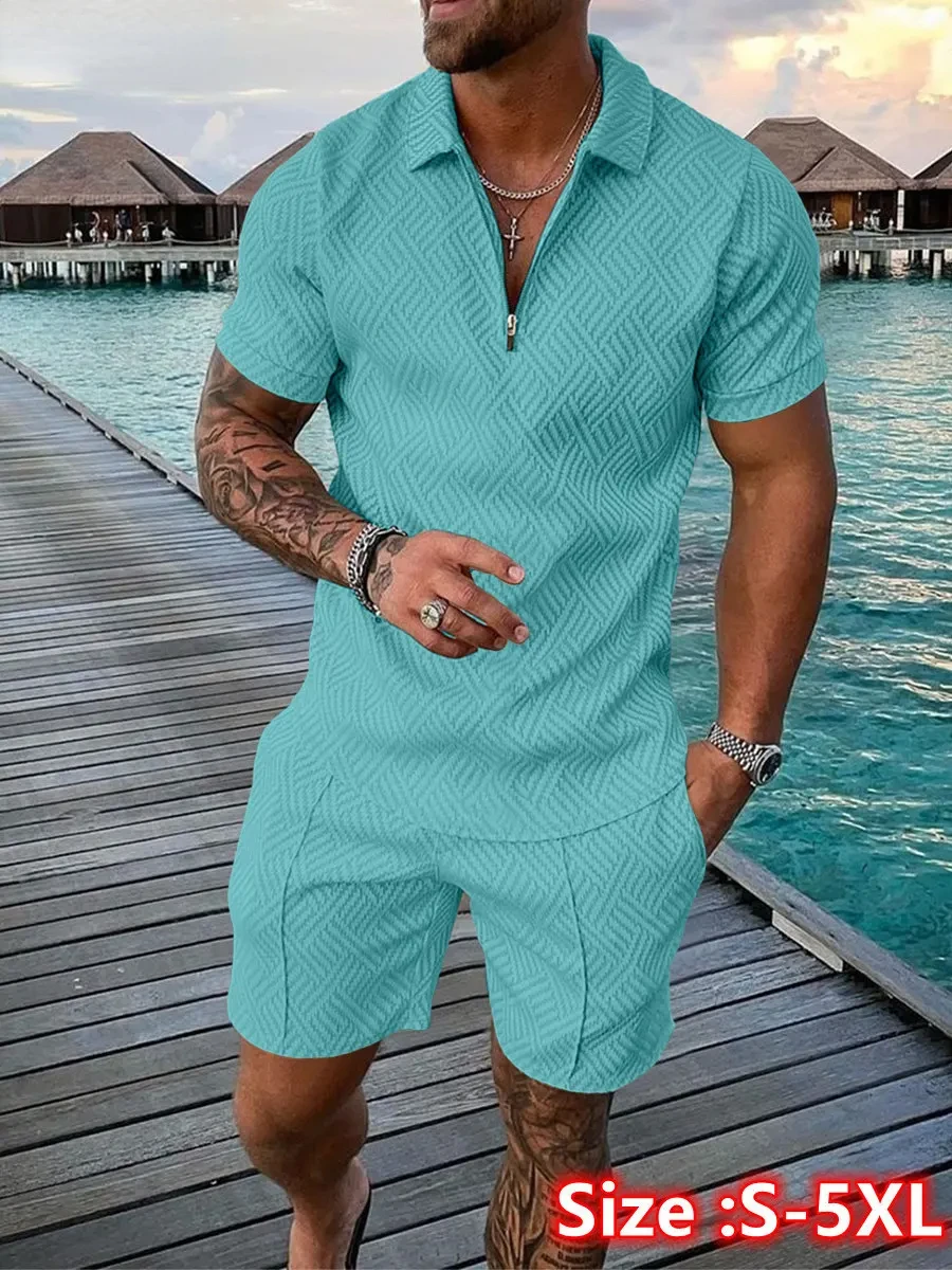 Mens Fashion Trend 2026 - 2026年新作夏メンズスーツトレンド3Dプリントジッパーポロシャツショーツ2点セットソフトファッションカジュアルメンズ服トラックスーツ