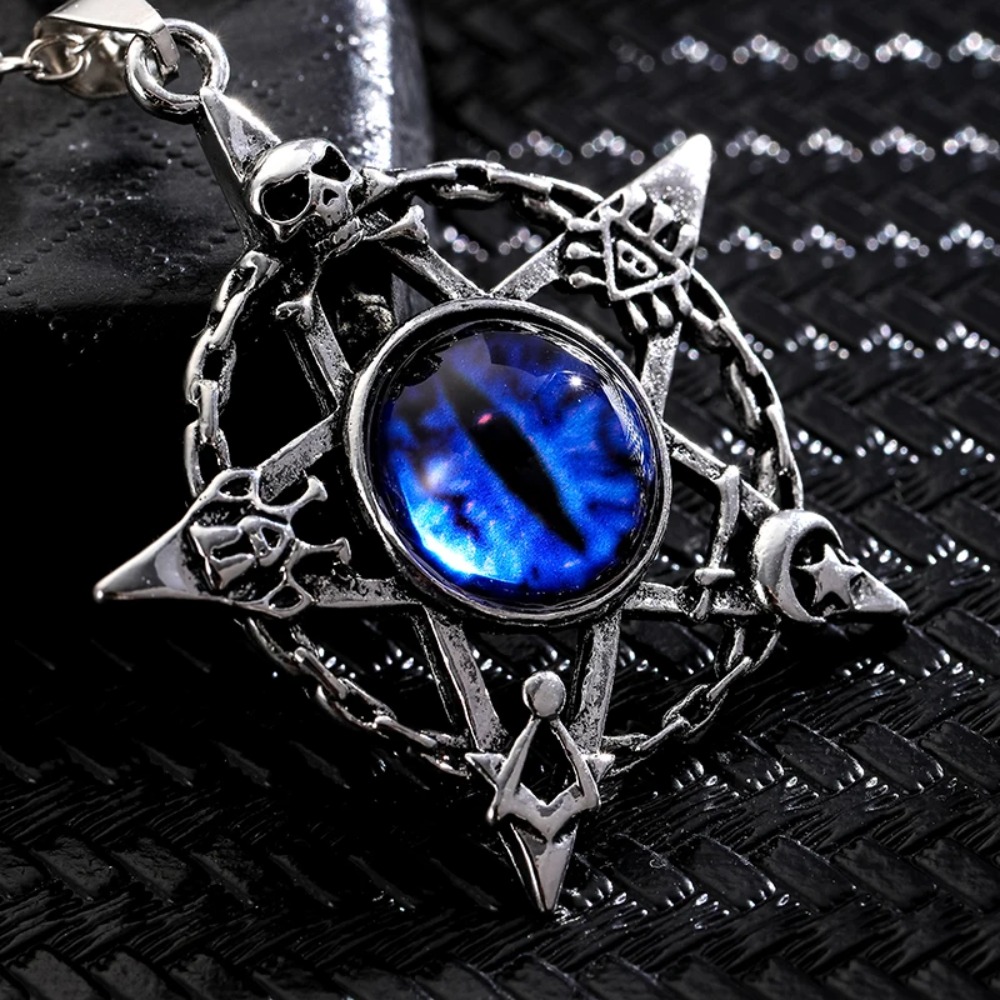 Men'S Fashion Necklaces - 五芒星型のデビルズアイペンダントネックレス、男女兼用、レトロスタイル、調整不可の金属製ネックレス、ファッショナブル。