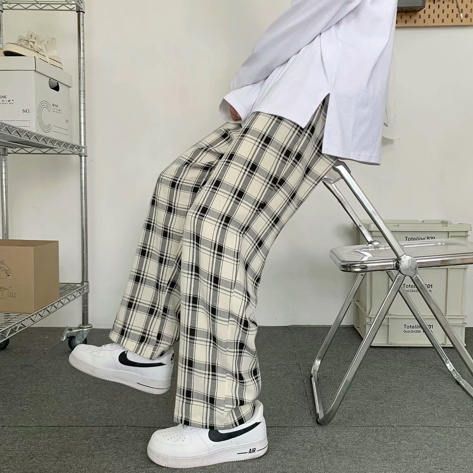 Men Fashion Korean Style - メンズチェック柄パンツ 韓国スタイル ルーズフィット ストレートレッグ ワイドレッグ カジュアルトラウザーズ