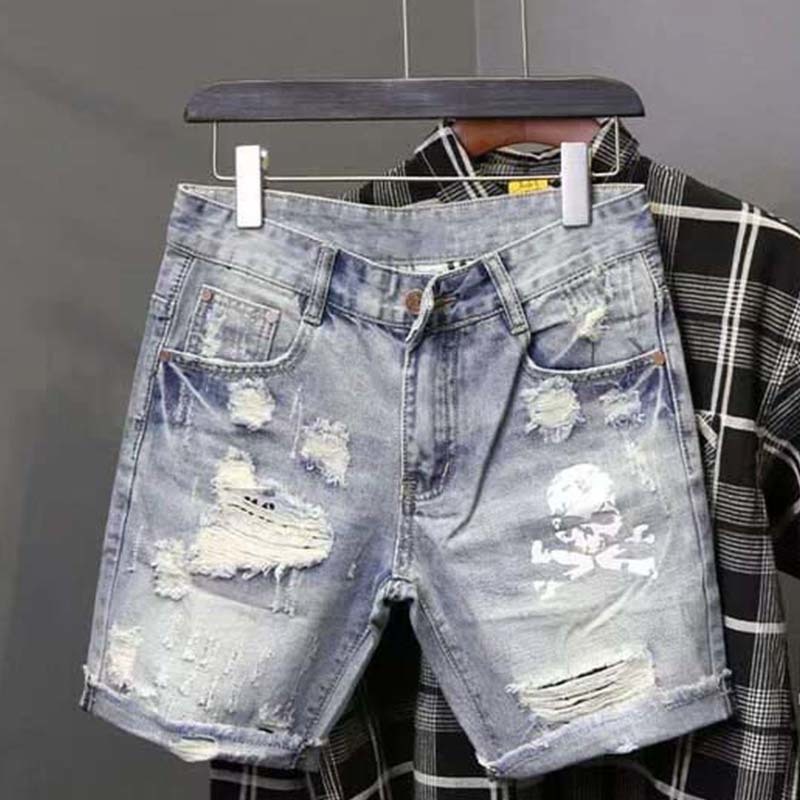 Jeans Pants Fashion Men - メンズの穴のある伸縮性のあるサマージーンズ,フィットしたファッショナブルな韓国スタイルのストリートウェア,デニムショーツ