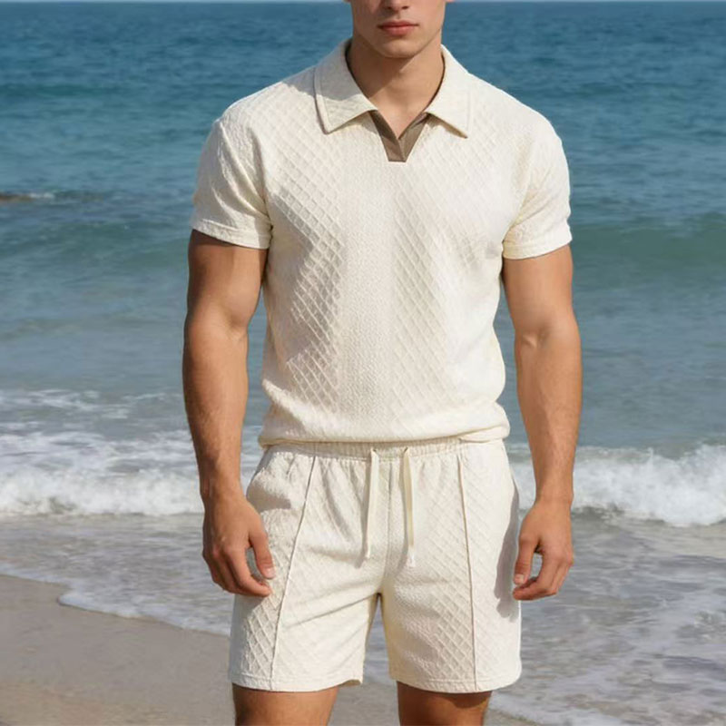 Men'S Fashion Advice - 2026年夏100kgメンズスーツ無地ワッフルラペルスリムフィットカジュアルファッションジップアップ半袖シャツスーツショーツプルオーバーセット