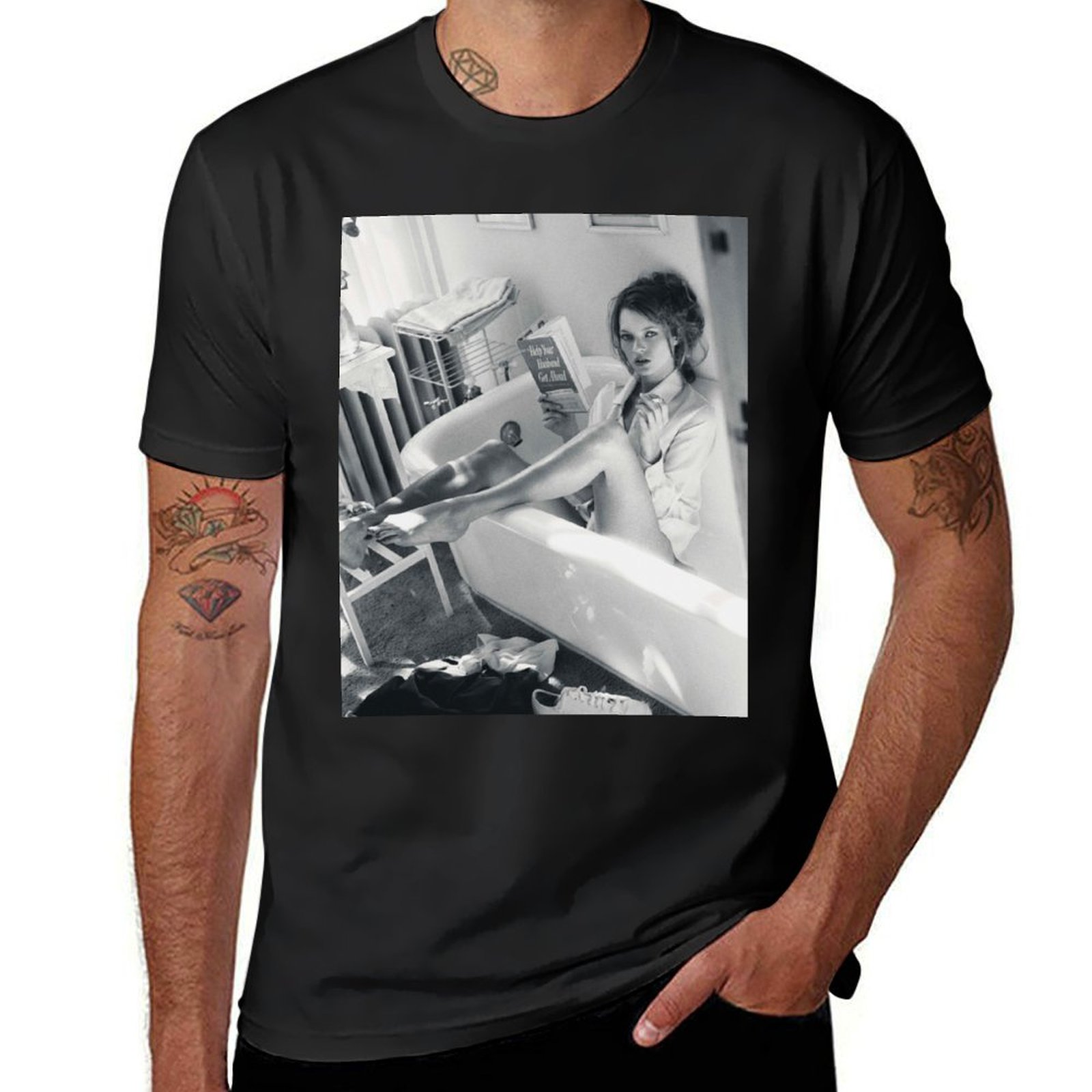 Men'S Fashion Editorial - ケイト・モス ファッション写真撮影 90年代 白黒エディトリアル自転車Tシャツ カスタムデザインあなた自身のメンズTシャツ
