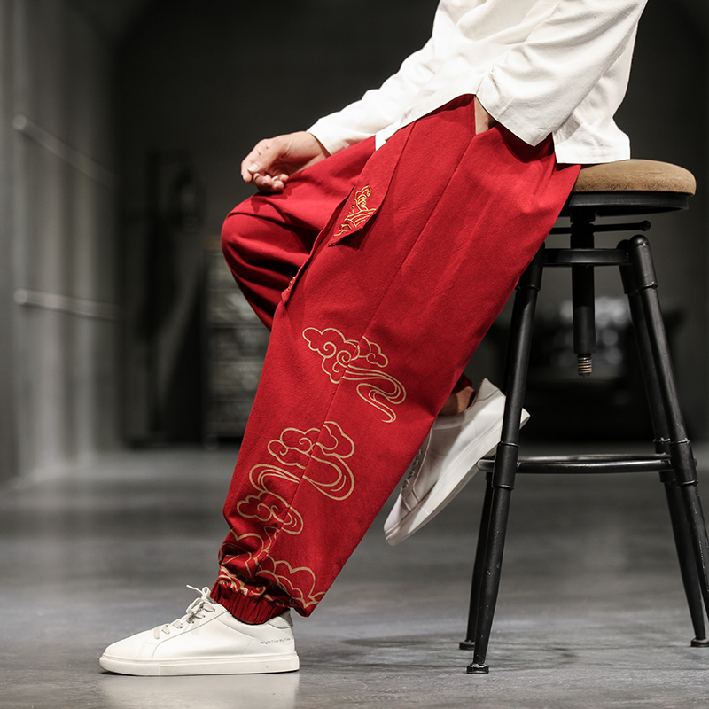 メンズレトロパンツ,チャイニーズスタイル,縁起の良い雲のプリ - Chino Pants Men のレビューと価格