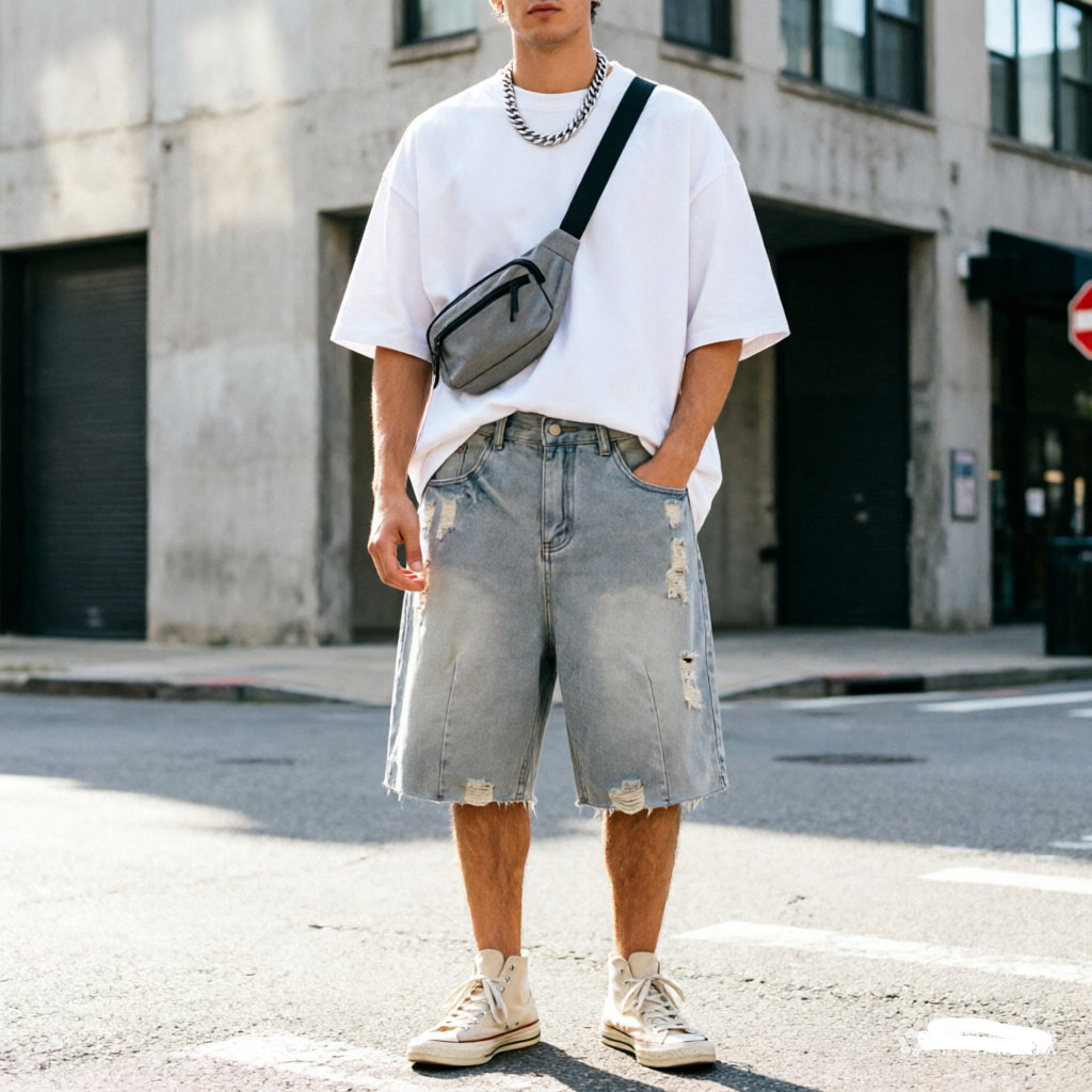夏のメンズカジュアルジーンズショートパンツルーズミッドハイウ - Jeans Pants Fashion Men のレビューと価格