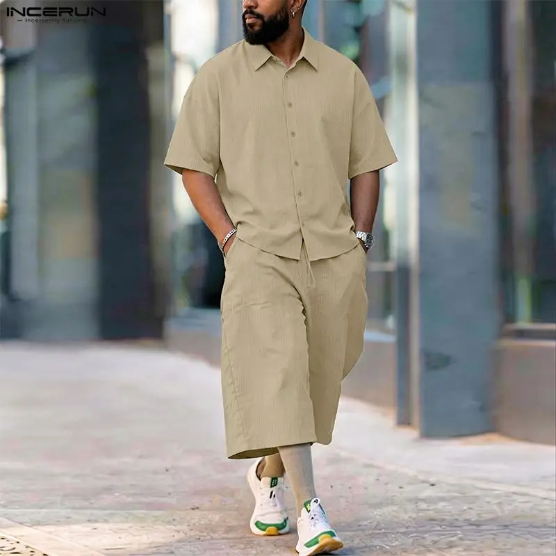 INCERUN メンズセットソリッドラペル半袖シャツパンツツ - Men'S Fashion Pants のレビューと価格