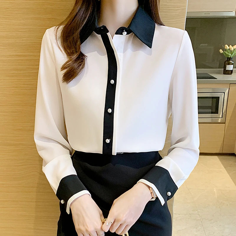 女性用ホワイトシフォンシャツ韓国シックなシングルブレストコン - Men Fashion Korean Style のレビューと価格