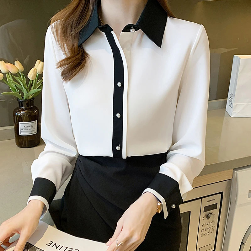 女性用ホワイトシフォンシャツ韓国シックなシングルブレストコン - Men Fashion Korean Style のレビューと価格