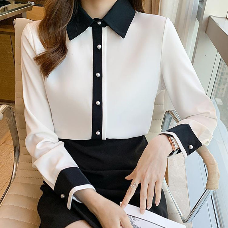 女性用ホワイトシフォンシャツ韓国シックなシングルブレストコン - Men Fashion Korean Style のレビューと価格