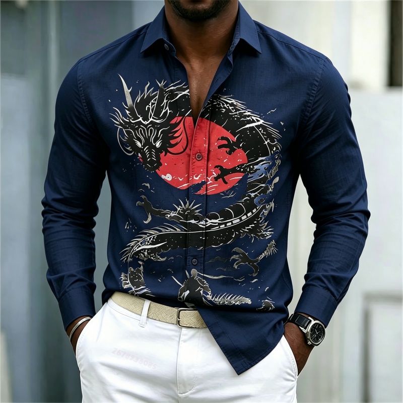 2026年新作 メンズシャツ 白黒赤のコントラスト ドラゴン - Men'S Fashion Advice のレビューと価格