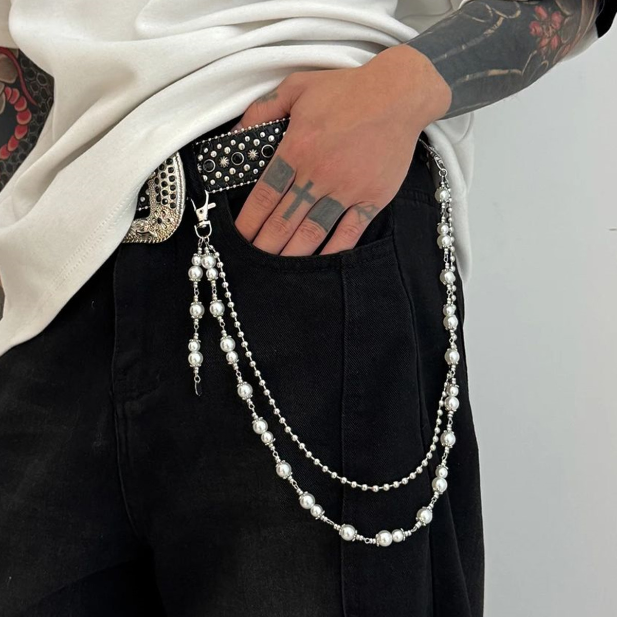 Ingemark 2025 流行のユニークな模造真珠合金ウエ - Jeans Pants Fashion Men のレビューと価格