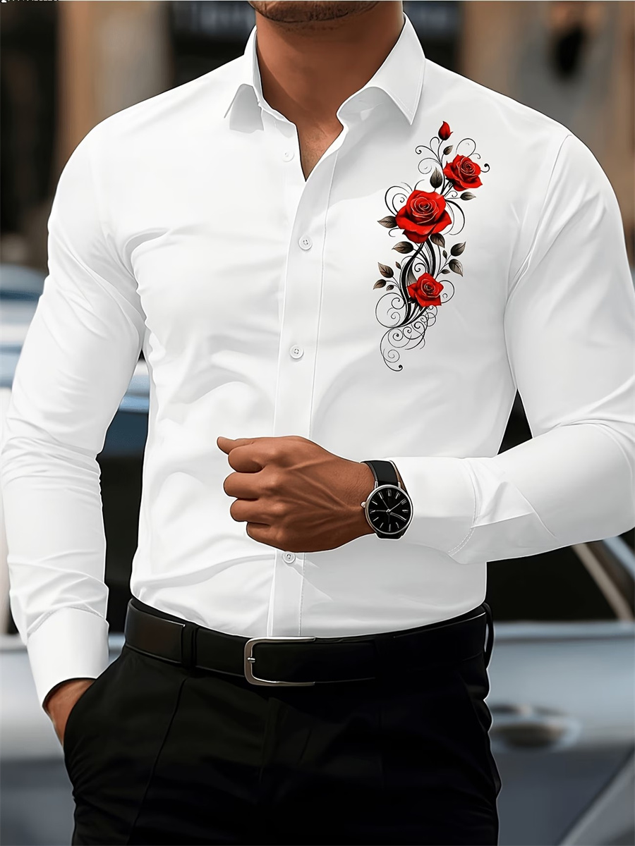 メンズ レッドローズプリント 長袖シャツ、ファッショナブルで - Men'S Fashion Advice のレビューと価格