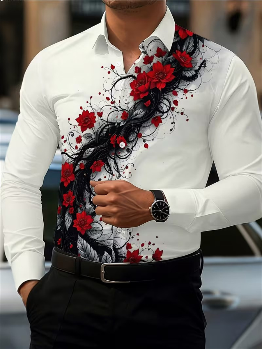 メンズ レッドローズプリント 長袖シャツ、ファッショナブルで - Men'S Fashion Advice のレビューと価格