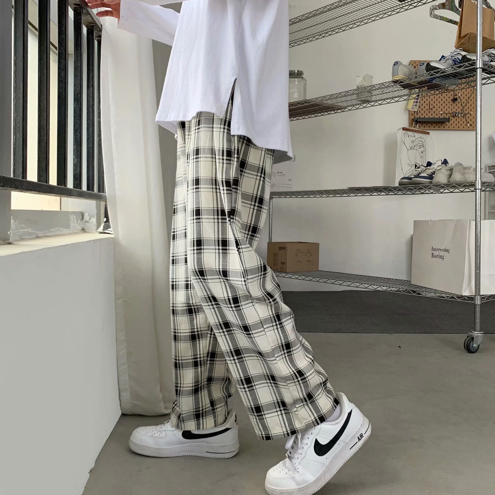 メンズチェック柄パンツ 韓国スタイル ルーズフィット ストレ - Men Fashion Korean Style のレビューと価格